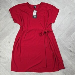Bobeau Women's 2X Bright Red Short Sleeve Wrap Tie Front Midi Dress V Neck